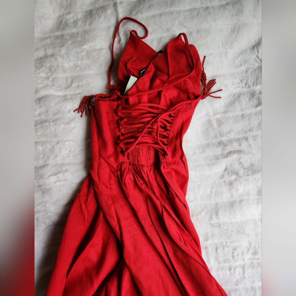 Farm rio Linen-Blend Lace-Up Midi-Dress red sz L,XL BNWT - Picture 8 of 13